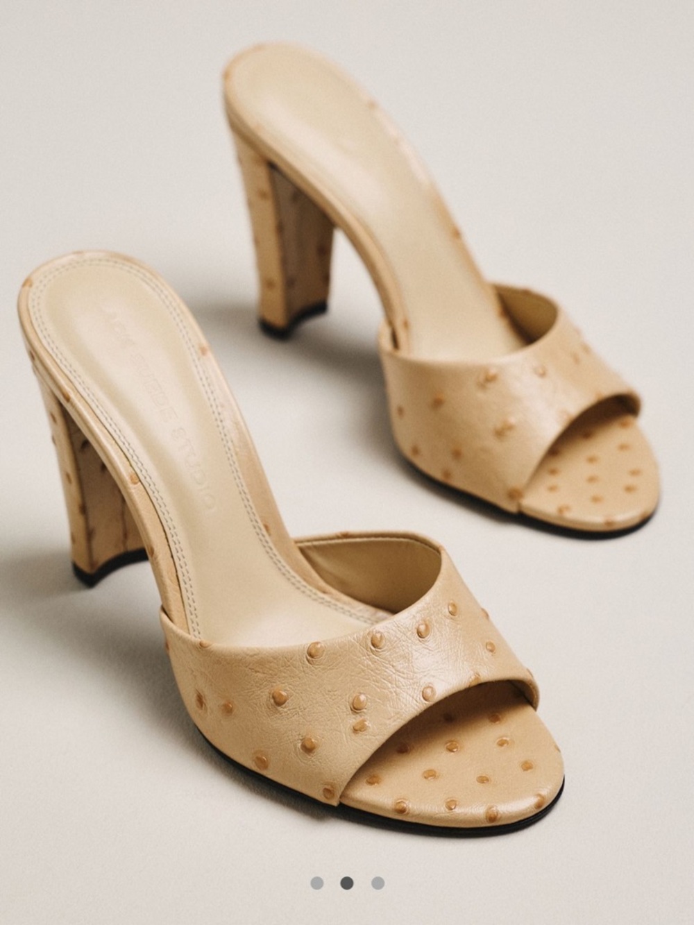 NIB Black Suede Studio Lila 95 Open-Toe Heels in Tan Ostrich